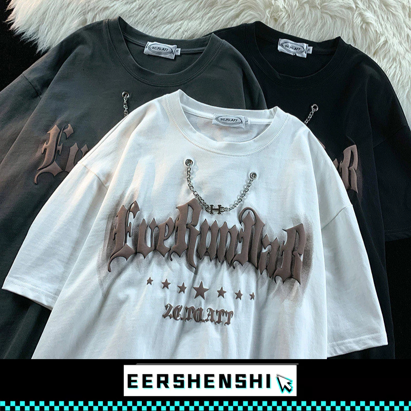 EERSHENSHI คูปองเสื้อยืดสำหรับผู้ชาย: BHAPSHDGA Retro American Street สร้อยคอแขนสั้นหลวมแฟชั่นแบรนด์