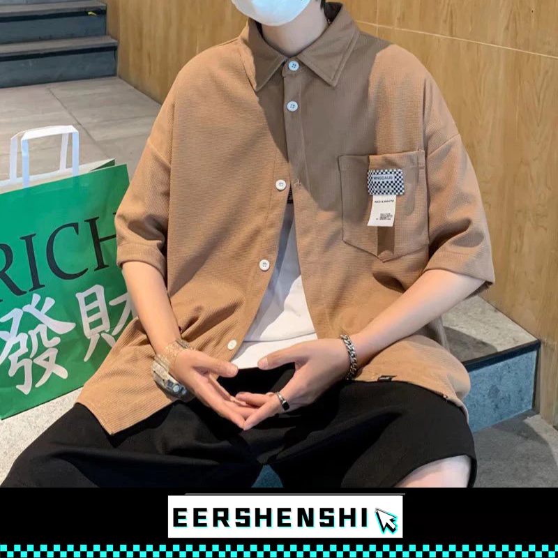 EERSHENSHI รหัสคูปองเสื้อเชิ้ตแขนสั้นผู้ชาย: BHAPSHDGA ฤดูร้อนย้อนยุคอินอเนกประสงค์หลวมสไตล์เกาหลีเสื้อ