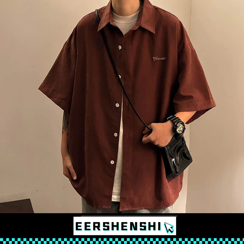 EERSHENSHIคูปองเสื้อเชิ้ตผู้ชาย: BHAPSHDGA เสื้อฮาวายแขนสั้นปักลาย American High Street