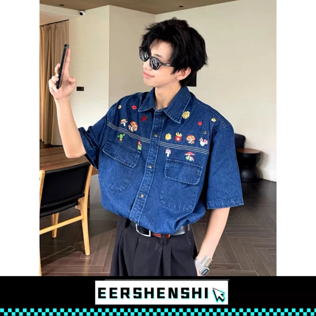 EERSHENSHI รหัสคูปองเสื้อเชิ้ตแขนสั้นสีทึบผู้ชาย: BHAPSHDGA คู่รักอินเทรนด์หลวมสไตล์ญี่ปุ่น