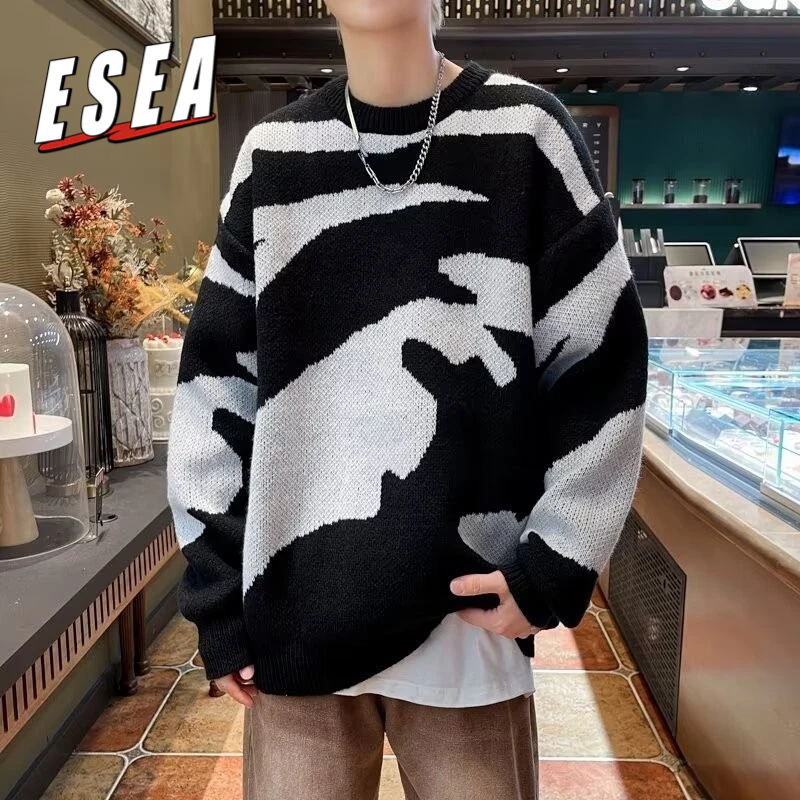 ฤดูกาล ฤดูหนาวสีดําและสีขาว อิน แฟชั่นแบรนด์ ถนน หนาเส้นด้ายหยาบถักเสื้อกันหนาวด้านบนหลวม