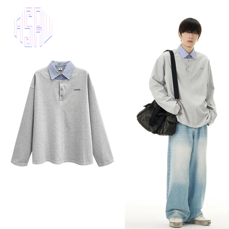 Asrv ฤดูใบไม้ร่วงย้อนยุคแขนยาวเสื้อยืดอเมริกัน สูง ถนน ปก เย็บปลอมสองชิ้นเสื้อโปโล