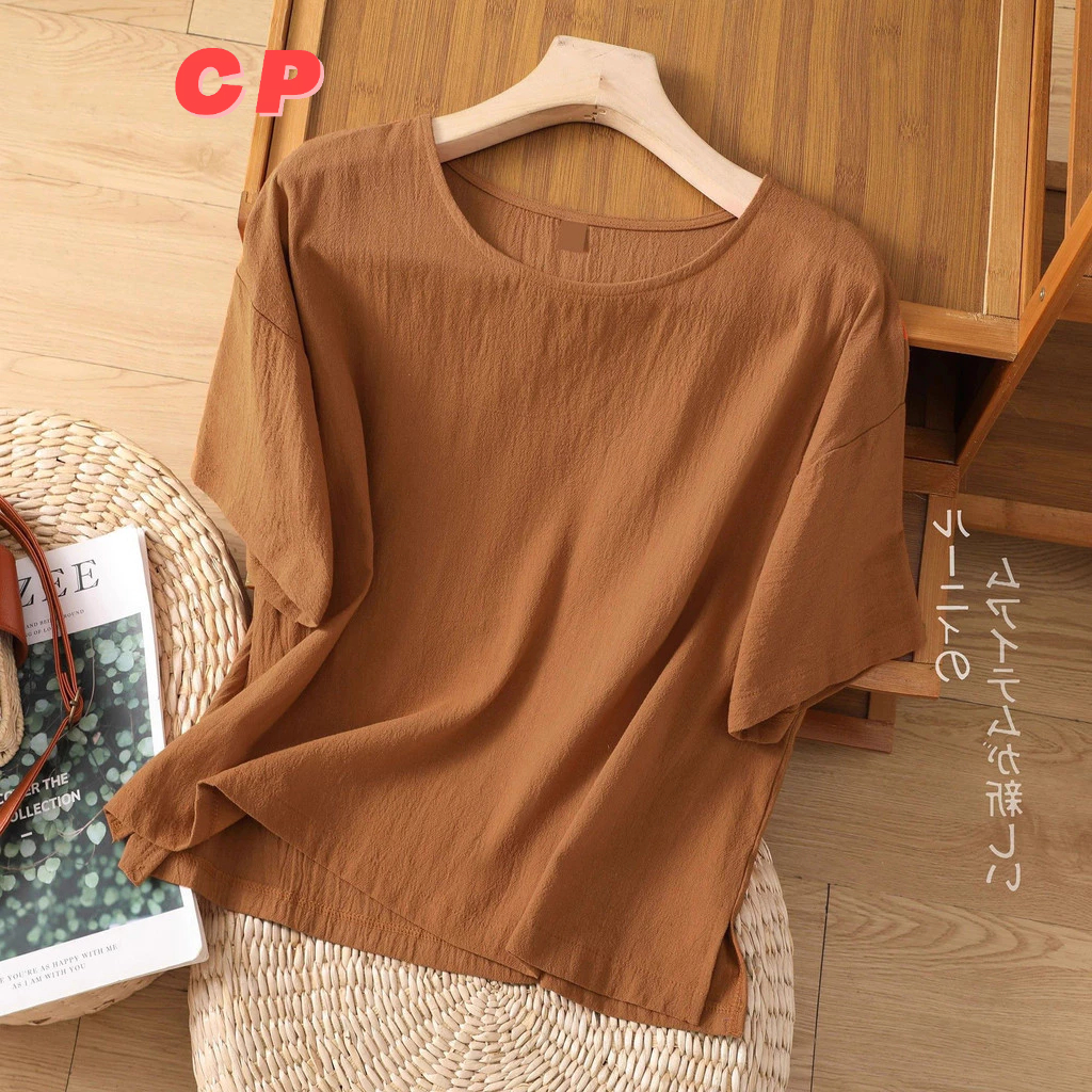 สีทึบผ้าฝ้ายผ้าลินินผู้หญิงเสื้อยืดเสื้อสวมหัวลําลองด้านบนผู้หญิง 2024 ฤดูร้อนสไตล์ใหม่พร็อพหลวมแขนสั้นแฟชั่นลดอายุ ที @