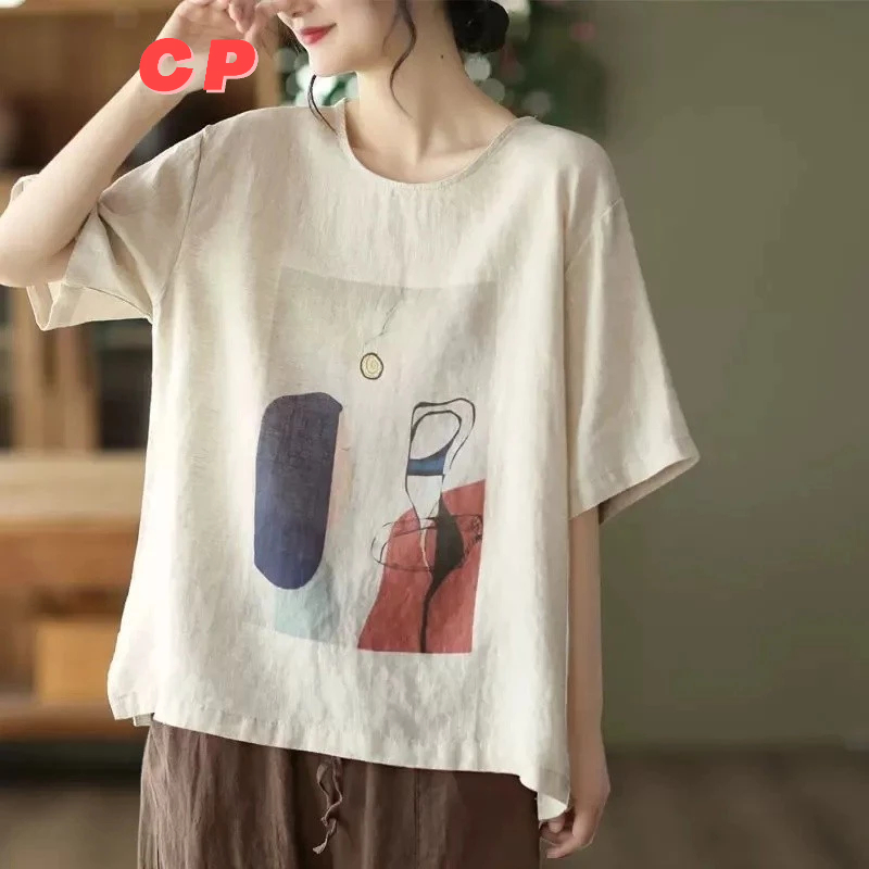 Cle ผ้าฝ้ายผ้าลินินผู้หญิงเสื้อยืดขนาดใหญ่ฤดูร้อนสไตล์ใหม่พิมพ์ผ้าฝ้ายผ้าลินินเสื้อยืดผู้หญิงรอบคอแขนสั้นบางหลวม Top T