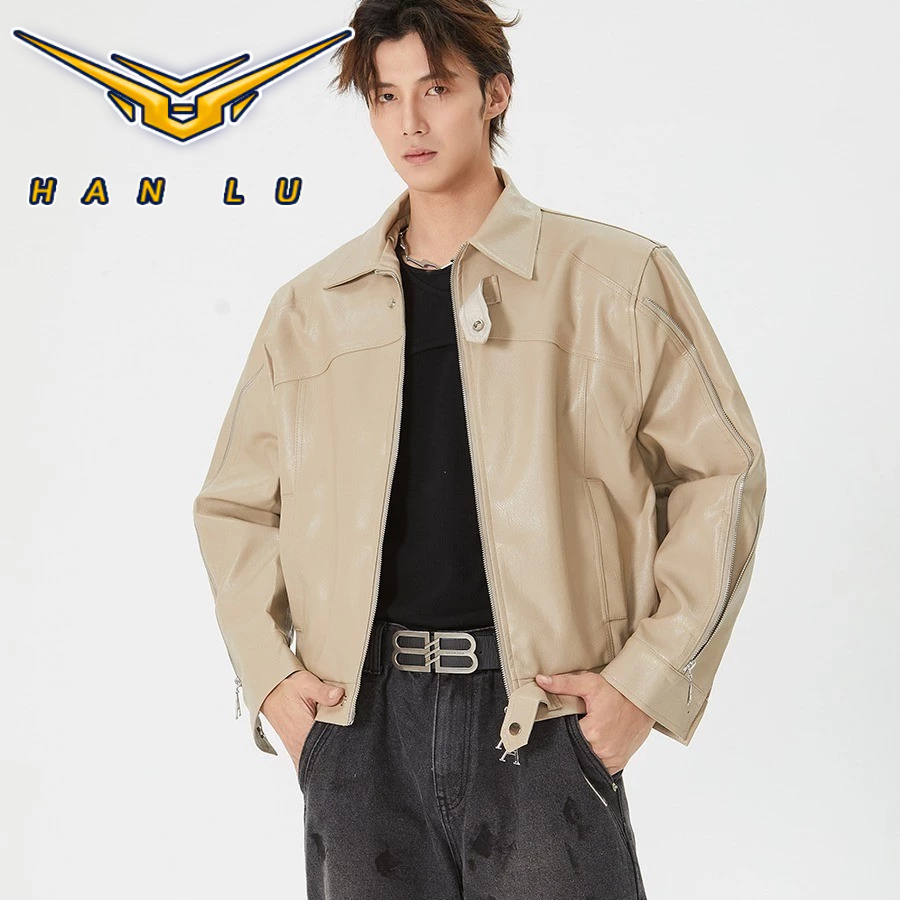 HANLU เสื้อหนังเสื้อแจ็คเก็ตผู้ชาย ปู่ เบาะไหล่รถจักรยานยนต์ สูง ถนน สูงสุด