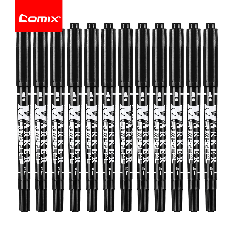 Comix ปากกามาร์กเกอร์ถาวร หัว 0.5-1.5 มม. เหมาะสำหรับการเขียน การทำเครื่องหมาย และการวาดภาพบนพื้นผิวต่างๆ 12 ชิ้น/กล่อง