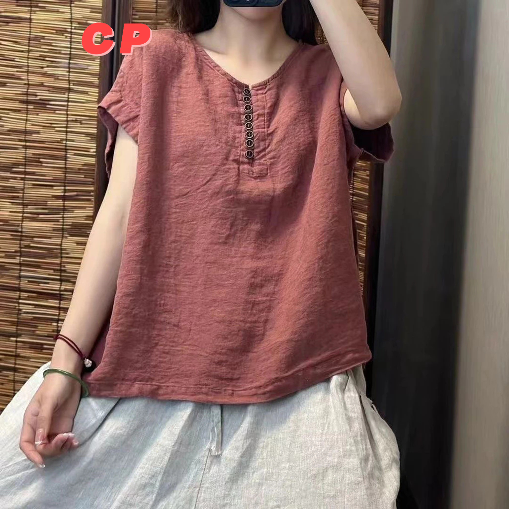 ฤดูร้อนสไตล์ใหม่ผ้าฝ้ายผ้าลินินผู้หญิงเสื้อยืดวรรณกรรมย้อนยุคระดับไฮเอนด์สีทึบผ้าฝ้ายผ้าลินินด้านบนผู้หญิงหลวมรอบคอสบายๆที่เรียบง่ายแขนสั