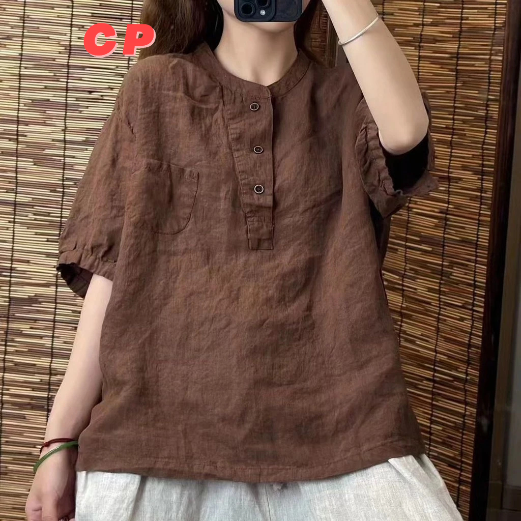 2024 Retro ผ้าฝ้ายผ้าลินินเสื้อฤดูร้อนหลวมสไตล์ใหม่วรรณกรรม Casual All-Match เสื้อ Slimmer ดูแขนสั้นด้านบน