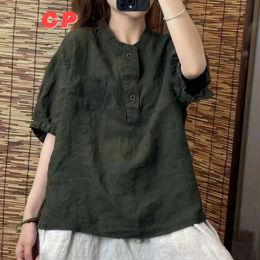 2024 Retro ผ้าฝ้ายผ้าลินินเสื้อฤดูร้อนหลวมสไตล์ใหม่วรรณกรรม Casual All-Match เสื้อ Slimmer ดูแขนสั้นด้านบน - รูปที่ 2