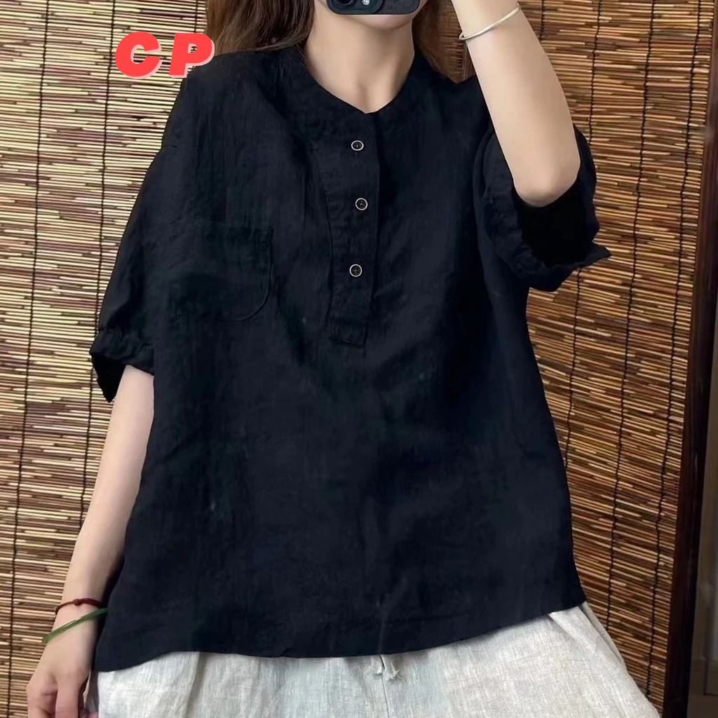 2024 Retro ผ้าฝ้ายผ้าลินินเสื้อฤดูร้อนหลวมสไตล์ใหม่วรรณกรรม Casual All-Match เสื้อ Slimmer ดูแขนสั้นด้านบน - รูปที่ 3