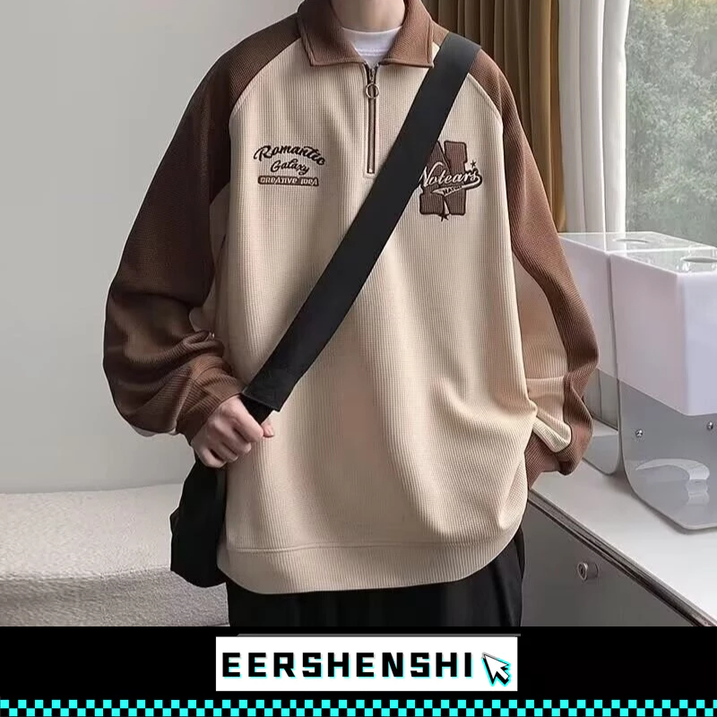 EERSHENSHI เสื้อกันหนาวผู้ชายปักตัวอักษรวิทยาลัยเสื้อยืดใหม่เย็บปะติดปะต่อกันครึ่งซิปเสื้อโปโลแจ็คเก็ต