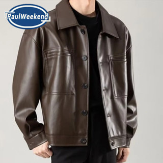 PaulWeekend (พร้อมส่ง) เสื้อโค้ทหนังผู้ชายปกสไตล์เกาหลีใหม่อ…