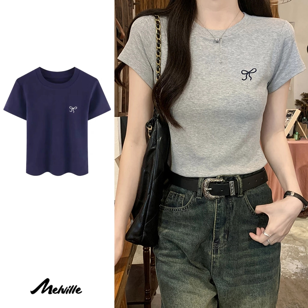 ปักโบว์แขนสั้นเสื้อยืดสลิมฟิตสั้นเสื้อยืดสีทึบรอบคอด้านบน MEL
