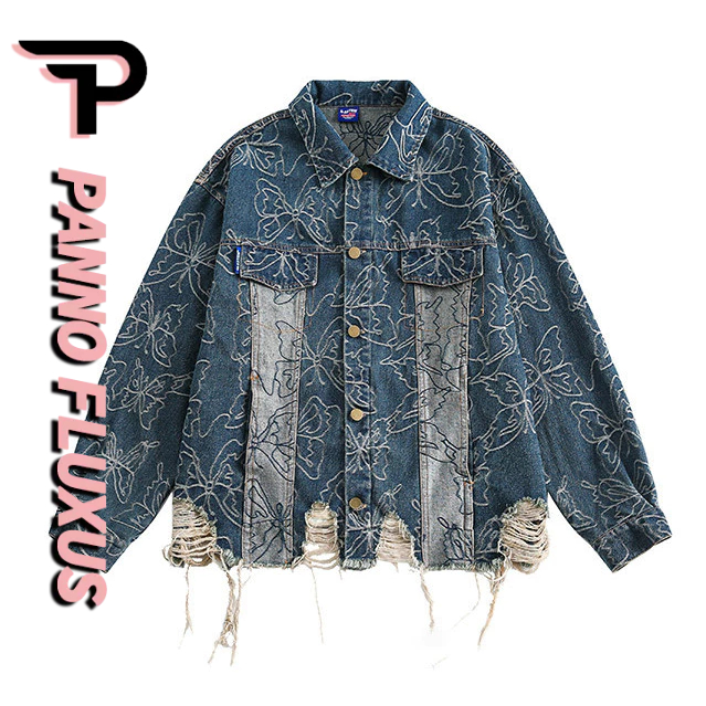 PannoFluxus แจ็คเก็ตยีนส์ผู้ชายอเมริกันย้อนยุคแฟชั่นแบรนด์ผีเสื้อ Jacquard Ripped Denim แจ็คเก็ต