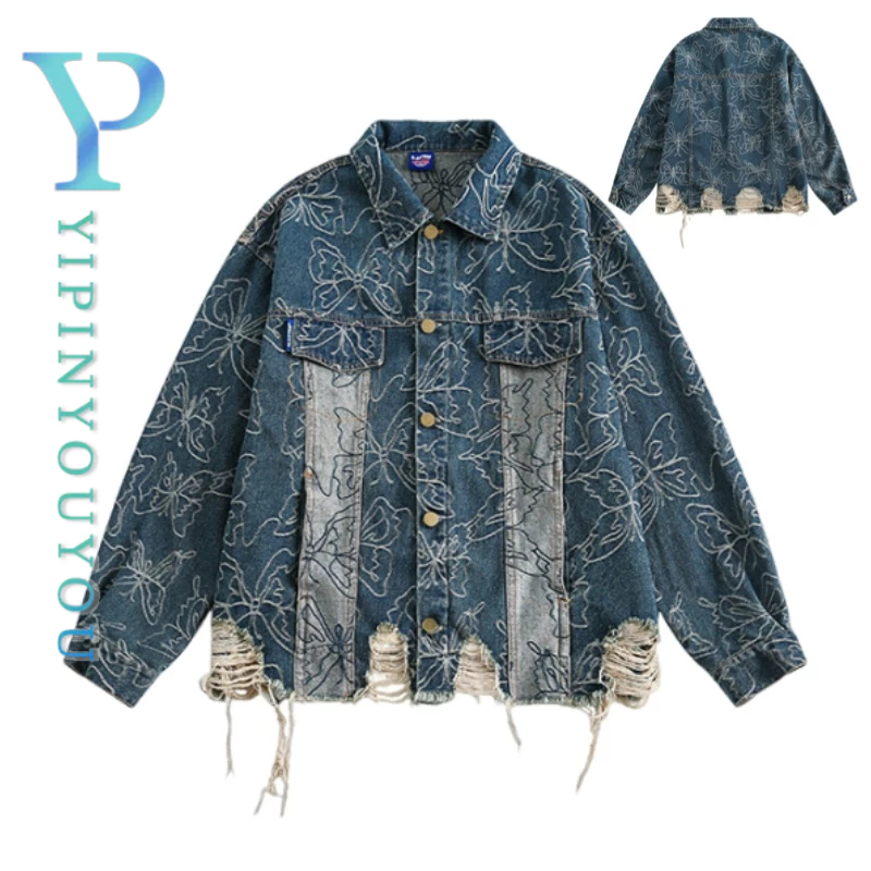 YIPINYOUYOU แจ็คเก็ตยีนส์ผู้ชายอเมริกันย้อนยุคแฟชั่นแบรนด์ผีเสื้อ Jacquard Ripped Denim แจ็คเก็ต
