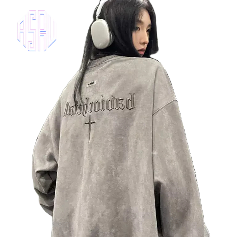 Asrv ฤดูใบไม้ร่วงหนังนิ่มหลวมผู้ชายและผู้หญิงเสื้อกันหนาวอเมริกัน สูง ถนน เย็บปักถักร้อยเสื้อคอกลม