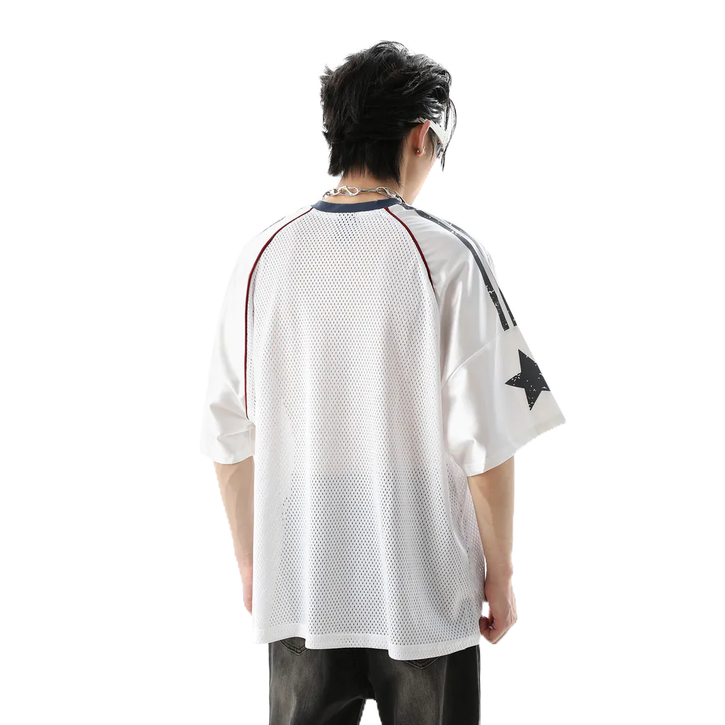 SUIKONE Suikeone American high street เสื้อยืดตาข่ายสบายฤดูร้อนผู้ชายและผู้หญิงหลวมแขนสั้นหมายเลข 90 พิมพ์เสื้อ — صورة 2
