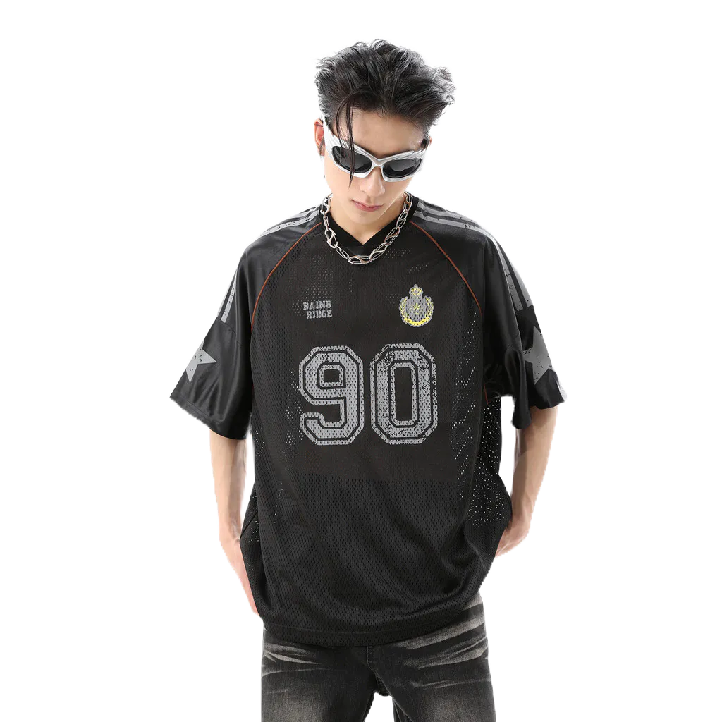 SUIKONE Suikeone American high street เสื้อยืดตาข่ายสบายฤดูร้อนผู้ชายและผู้หญิงหลวมแขนสั้นหมายเลข 90 พิมพ์เสื้อ — صورة 3