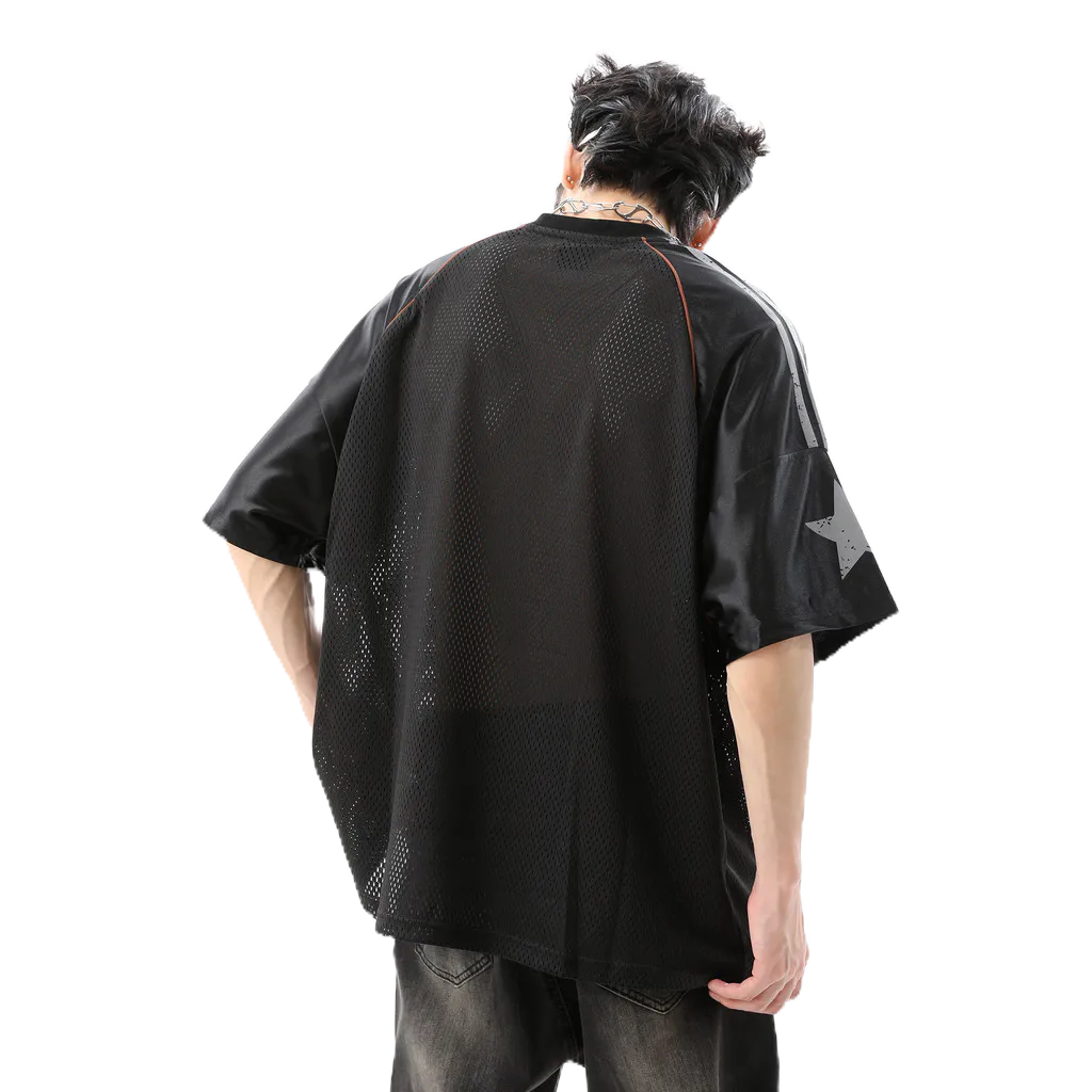 SUIKONE Suikeone American high street เสื้อยืดตาข่ายสบายฤดูร้อนผู้ชายและผู้หญิงหลวมแขนสั้นหมายเลข 90 พิมพ์เสื้อ — صورة 4