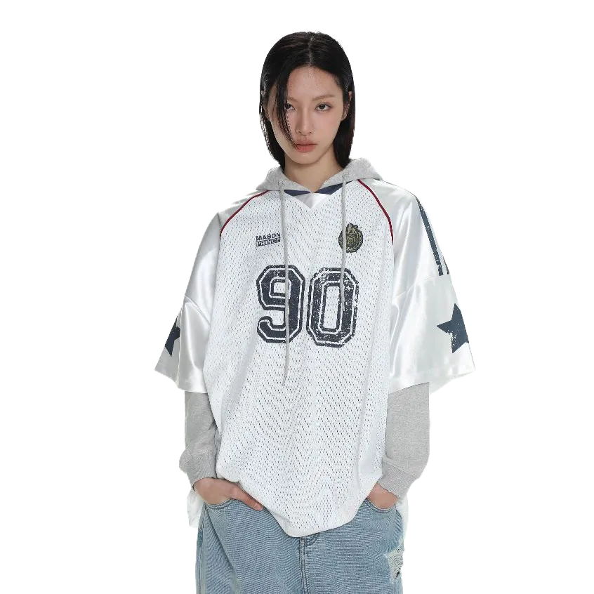 SUIKONE Suikeone American high street เสื้อยืดตาข่ายสบายฤดูร้อนผู้ชายและผู้หญิงหลวมแขนสั้นหมายเลข 90 พิมพ์เสื้อ — صورة 6