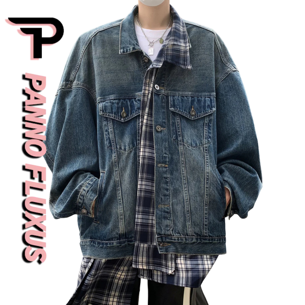 Pannofluxus แจ็คเก็ตยีนส์ผู้ชายอเมริกันย้อนยุคหลวมสบายๆเสื้อลายสก๊อตออกแบบเย็บปะติดปะต่อกันแจ็คเก็ตยีนส์