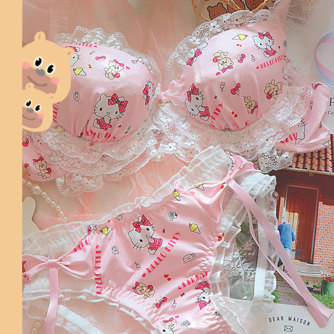 🎀bearbra🎀คิตตี้สีชมพู บราลูกไม้ ยกทรงชุดชั้นในน่ารัก