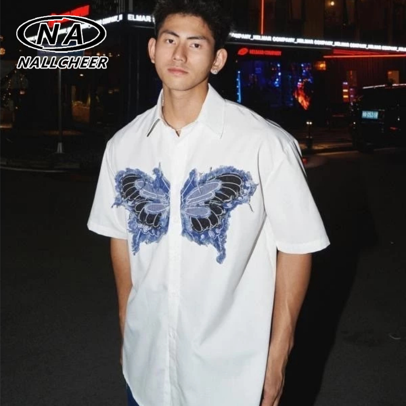 เสื้อเชิ้ตครึ่งแขนดีไซน์ผีเสื้อสามมิติของผู้ชาย ชนกลุ่มน้อย เสื้อลําลองทรงหลวมเสื้อแจ็คเก็ตคู่