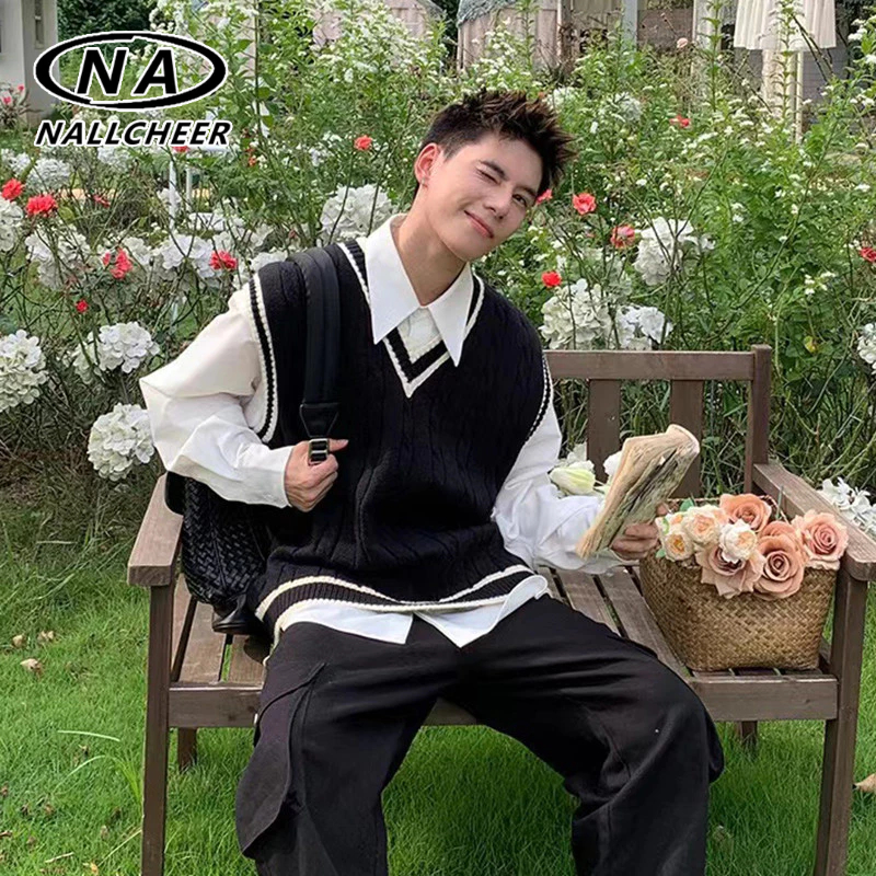 เสื้อกันหนาว คอวี ผ้าถัก สีตัดกัน สไตล์เรโทร แฟชั่นอเมริกัน สําหรับผู้ชาย