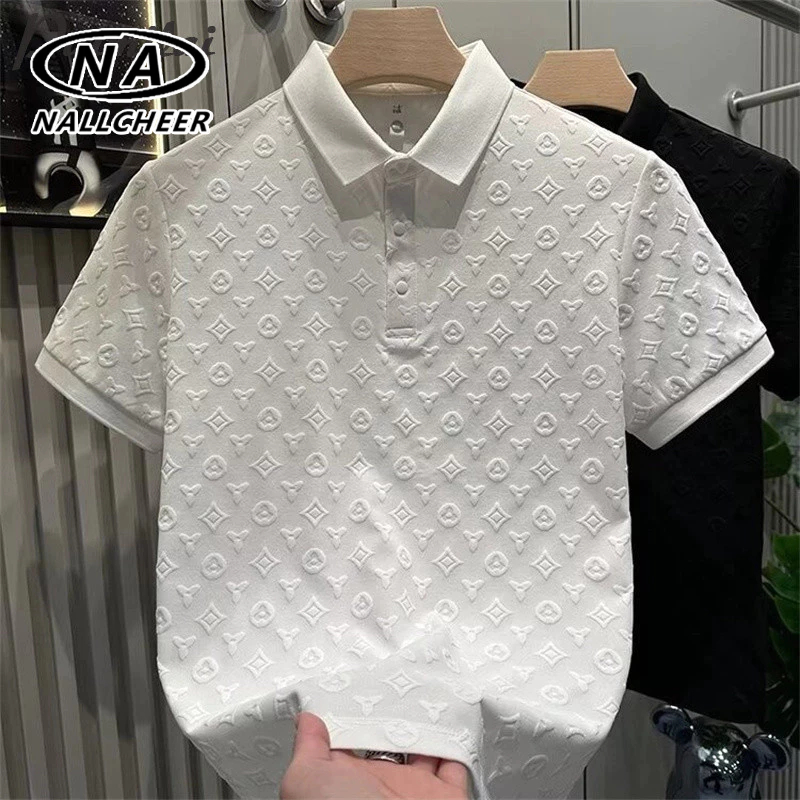 ผู้ชายแฟชั่น Jacquard เรียบง่ายสบาย ๆ POLO เสื้อยืดแขนสั้นบางคอปก