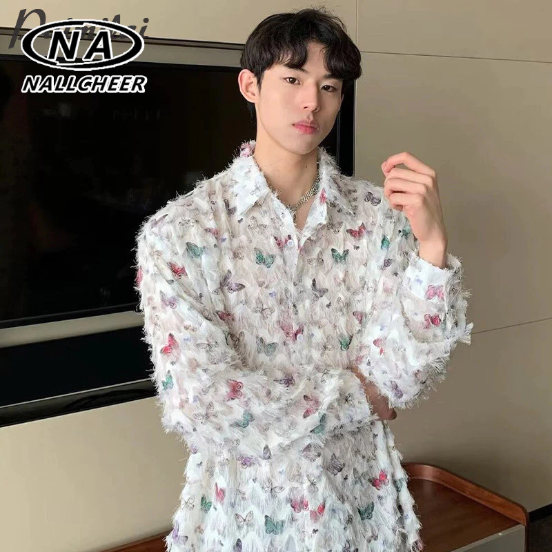 เสื้อเชิ้ตผู้ชาย ผู้ชายแขนยาวเสื้อแฟชั่นแบรนด์เฉพาะกลุ่มออกแบบ Instagram วินเทจผีเสื้อพิมพ์คอแขนยาว