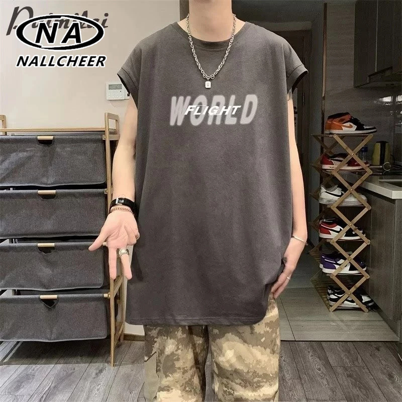 เสื้อกั๊กพิมพ์ลายตัวอักษรสําหรับผู้ชาย อินสตาแกรม ฟิตเนสเสื้อยืดแขนกุดหลวม
