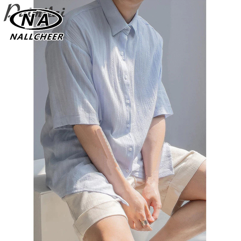 เสื้อเชิ้ตสีขาวญี่ปุ่นผู้ชายแขนสั้น เรียบง่าย ดีลายผ้าฝ้ายแท้บางด้านบน