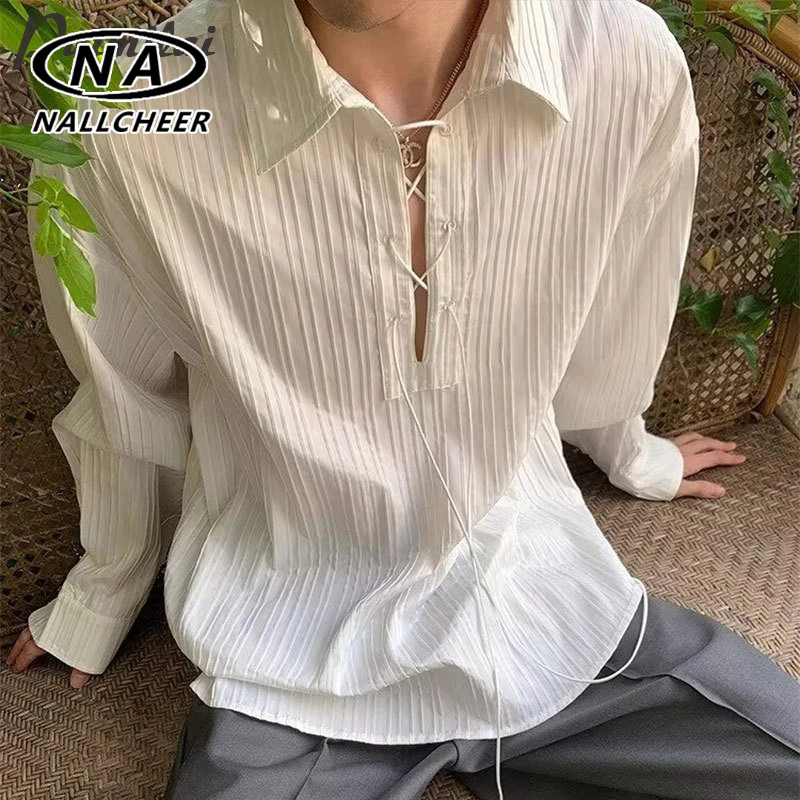 เสื้อเชิ้ตแขนยาวผู้ชาย เสื้อเชิ้ต Drawstring เนื้อจีบเกาหลี