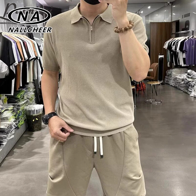ผู้ชายฤดูร้อนใหม่ครึ่งซิปถักผ้าเรียบง่ายน้ำหนักเบาผู้ใหญ่ POLO เสื้อลำลองสลิมพอดีเกาหลีแขนสั้นเสื้อยืด