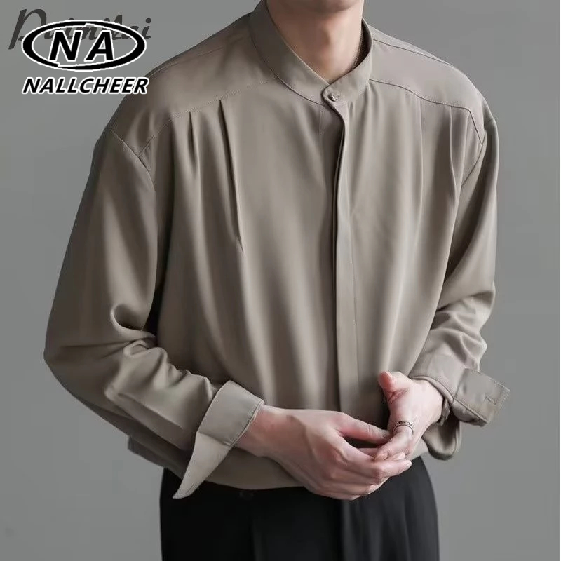 เสื้อเชิ้ตผู้ชาย เสื้อคอปกสไตล์จีนใหม่สำหรับผู้ชาย ลมสุกเบาสไตล์เกาหลีสบาย ๆ หลวม ๆ ระดับไฮเอนด์หล่นเสื้อแขนยาว