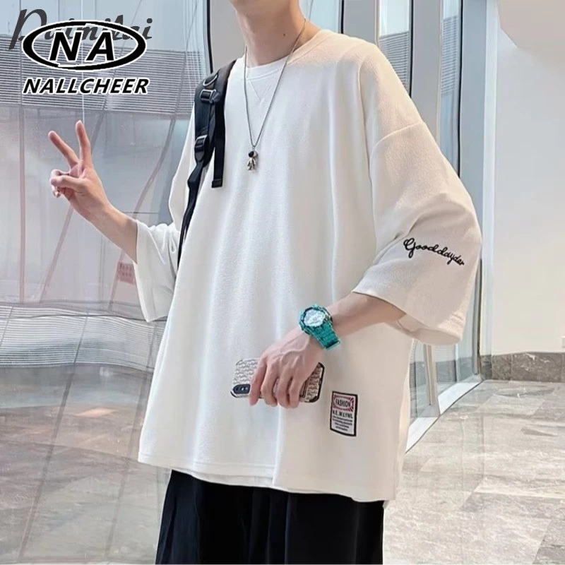 เสื้อยืด แฟชั่นแฟชั่นลมเมืองเสื้อยืดแขนสั้นสีทึบสำหรับผู้ชาย 3/4
