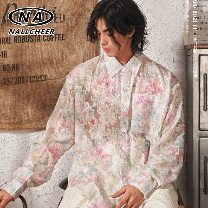 เสื้อเชิ้ตแขนยาว พิมพ์ลายดอกไม้ เกาะรีสอร์ท แฟชั่นคู่รัก สําหรับผู้ชาย