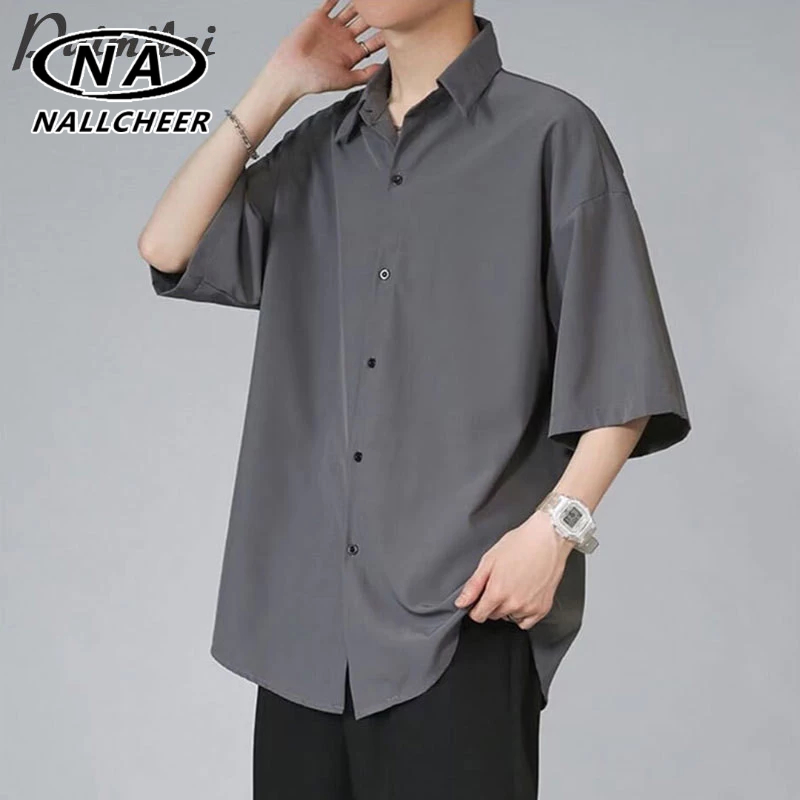 เสื้อเชิ้ตแขนสี่ส่วนลําลอง ผ้าเรยอน แบบบาง ทรงหลวม สไตล์เกาหลี สําหรับผู้ชาย