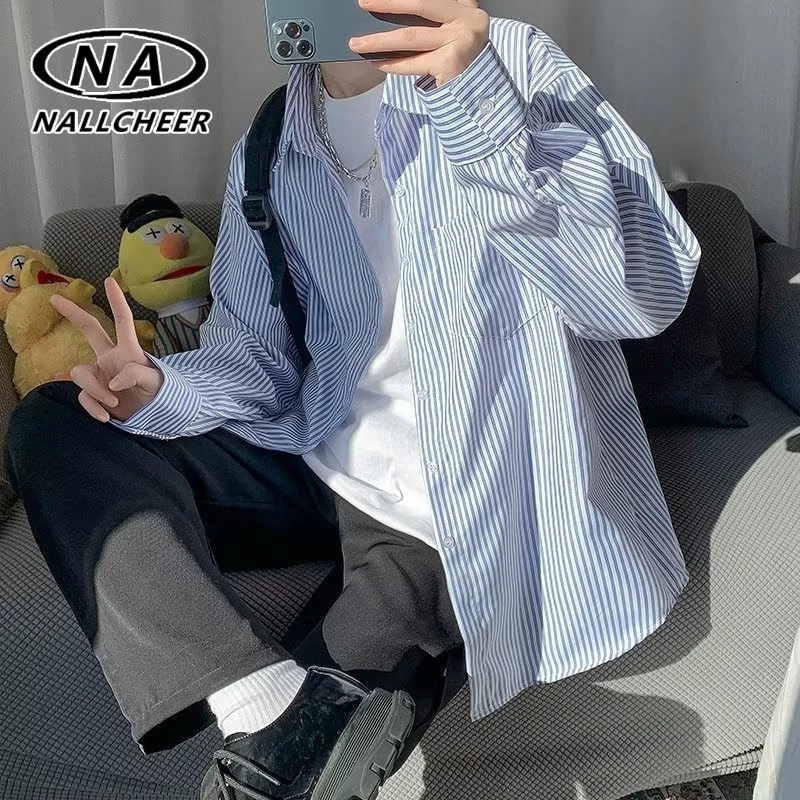 เสื้อแจ็กเก็ตแขนยาว แบบบาง ทรงหลวม ลายทาง แฟชั่นฤดูใบไม้ร่วง สไตล์เกาหลี และญี่ปุ่น สําหรับผู้ชาย