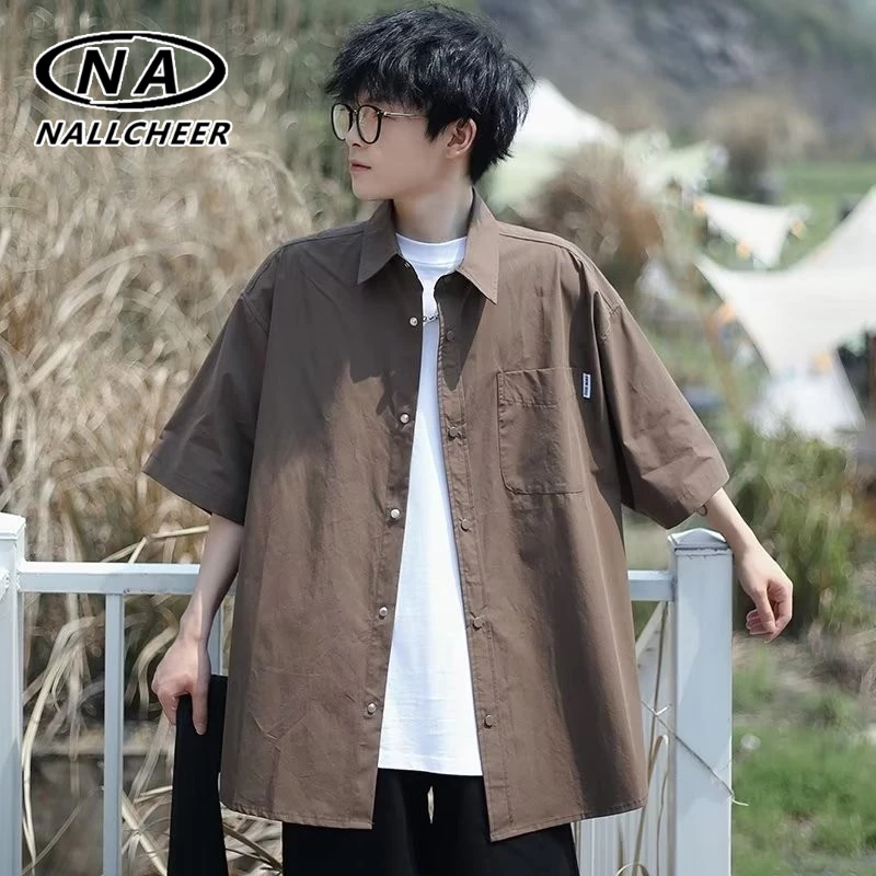 เสื้อเชิ้ตแขนสั้น สีพื้น แฟชั่นสไตล์ญี่ปุ่น สําหรับผู้ชาย