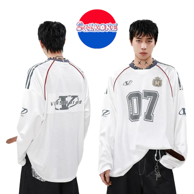 SUIKONE Suikeone ฤดูร้อน retro ตาข่าย No. 7 jersey American high street แขนยาวผู้ชายและผู้หญิงหลวมกีฬาเสื้อยืด