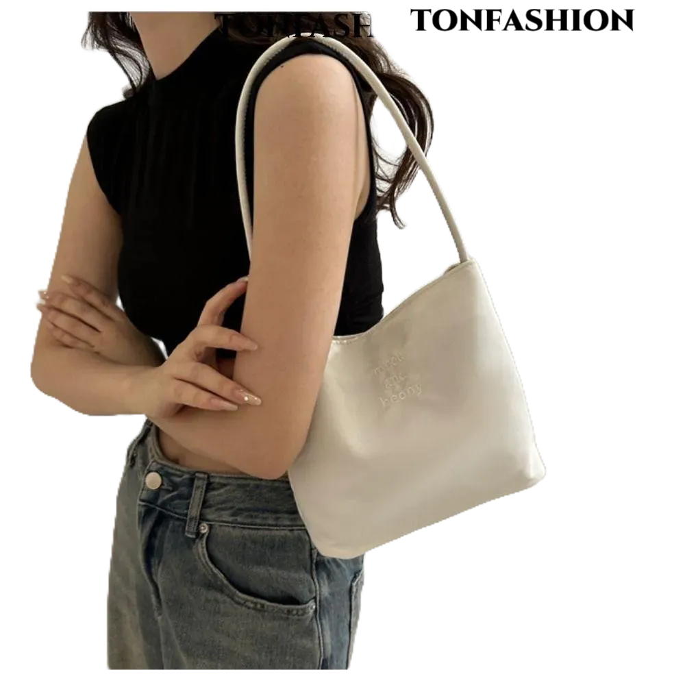 Tonfashion กระเป๋าถือ กระเป๋าสะพายไหล่ สะพายข้าง ทรงโท้ท ปักลายตัวอักษร ความจุสูง สีพื้น สําหรับเด็กผู้หญิง