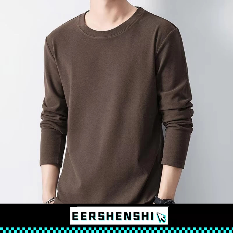 EERSHENSHI เสื้อยืดลําลองสีขาวยาว ที อินเทรนด์สีทึบหลวมด้านในสวมใส่เสื้อฐานรอบคอเสื้อผ้าฤดูใบไม้ร่วง
