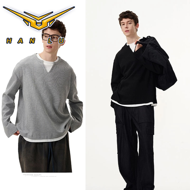 HANLU เสื้อยืดแขนยาวผู้ชายเท็จสองชิ้นคอวีสีทึบสไตล์เกาหลีลําลองหลวมด้านบน