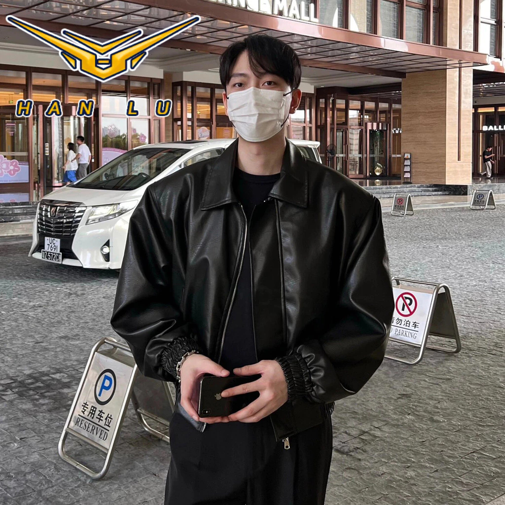 HANLU  เสื้อแจ็คเก็ตหนังผู้ชายสั้นอเมริกันย้อนยุค คลีนฟิต เบาะไหล่รถจักรยานยนต์ด้านบน