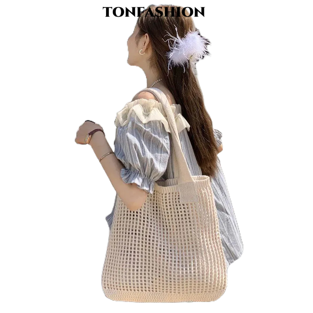 Tonfashion กระเป๋าสะพายไหล่ กระเป๋าช้อปปิ้ง ถักโครเชต์ ฉลุลาย ความจุขนาดใหญ่ แฟชั่นสําหรับผู้หญิง