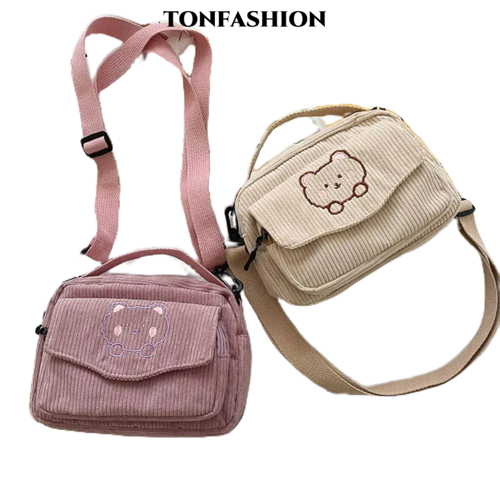 Tonfashion กระเป๋าสะพายไหล่ ผ้าลูกฟูก พิมพ์ลายการ์ตูนหมี สําหรับผู้หญิง