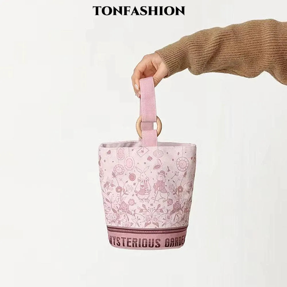 Tonfashion กระเป๋าถือ กระเป๋าสะพายไหล่ ผ้าแคนวาส ทรงโท้ท พิมพ์ลายกระต่าย จุของได้เยอะ พร้อมแหวนคล้อง สไตล์วินเทจ แฟชั่นสําหรับสตรี