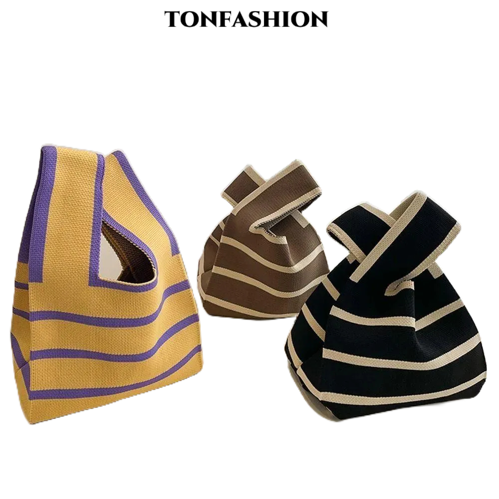Tonfashion กระเป๋าถือลําลอง ผ้าถัก ลายสก๊อต แฮนด์เมด
