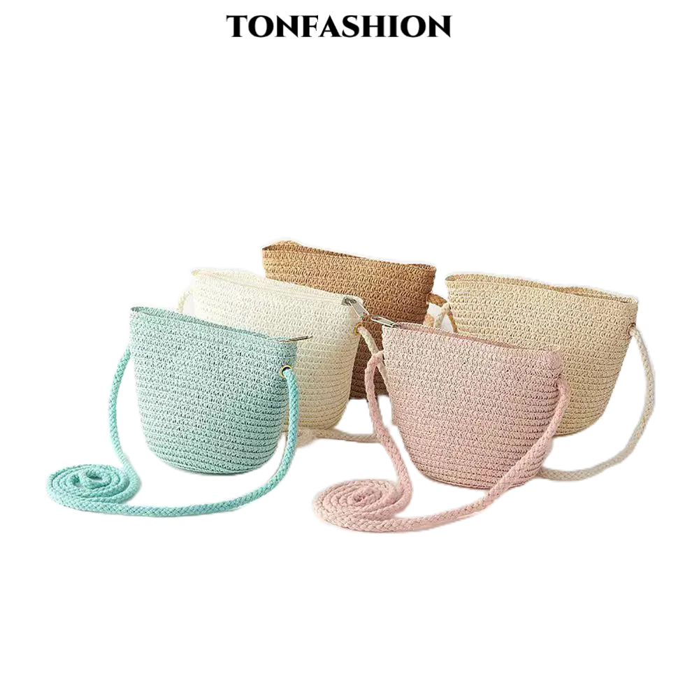 Tonfashion กระเป๋าสะพายข้าง ฟาง เรียบง่าย เด็ก ชายหาด สันทนาการ ที่จับนุ่ม ความจุขนาดใหญ่ กระเป๋าสะพายไหล่เดี่ยว เดินทาง